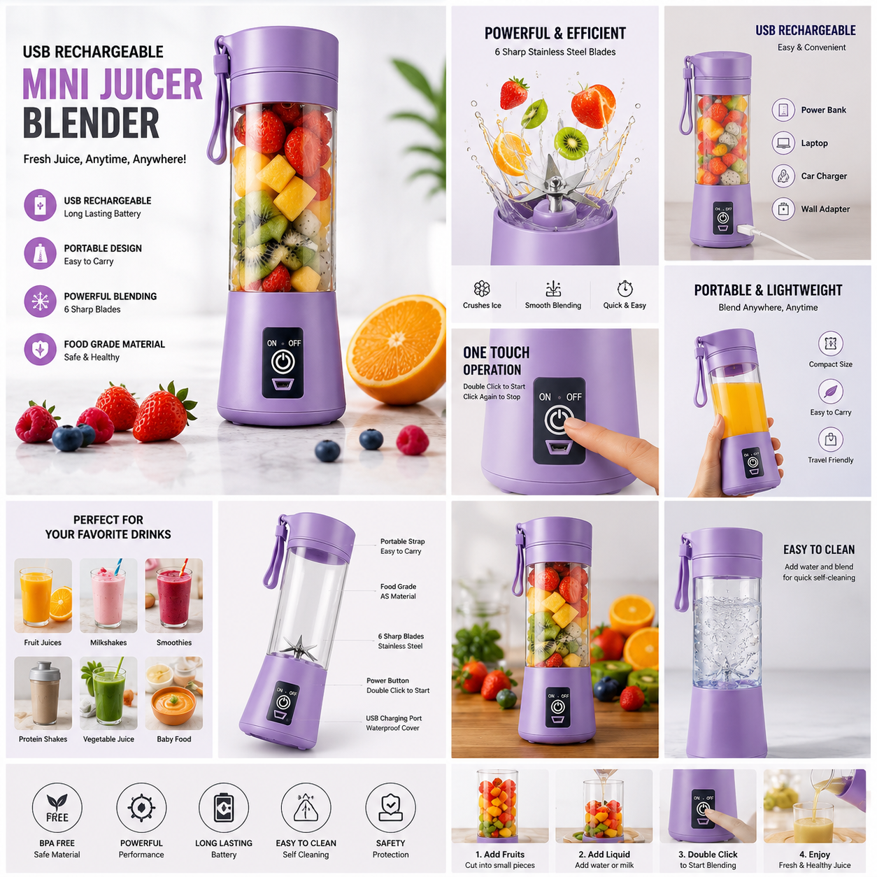 USB Rechargeable Mini Juicer Blender β Portable Personal Blender for Smoothies, Shakes & Juice On the Go