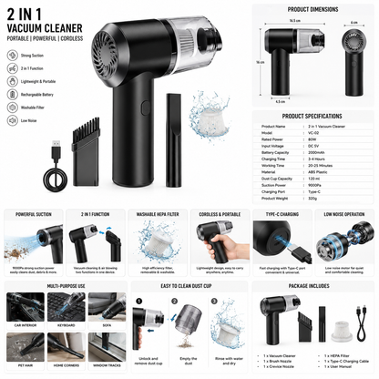 2-in-1 Portable Vacuum Cleaner – Handheld Vacuum & Blower for Home & Car